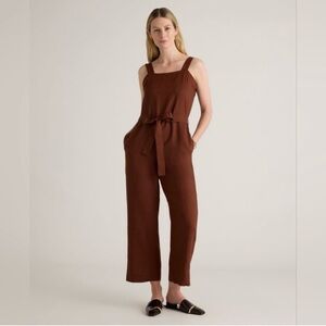 Quince 100% European linen square neck jumpsuit L chocolate brown